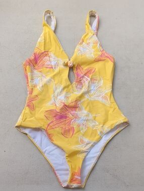 Yellow Floral One-Piece Swimsuit with Front Knot Detail